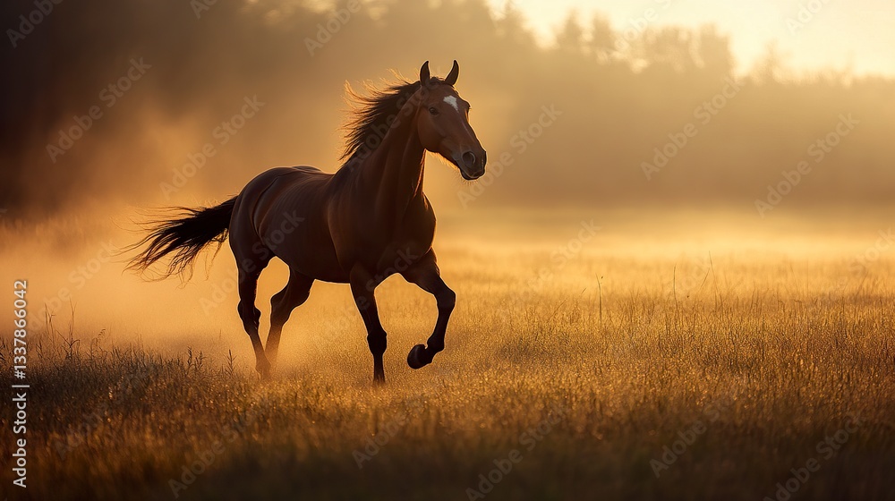 A majestic bay horse runs through a misty meadow at dawn, its breath visible in the cool morning air, with soft light enhancing its silhouette A majestic bay horse runs through a misty meadow at dawn, its breath visible in the cool morning air, with soft light enhancing its silhouette