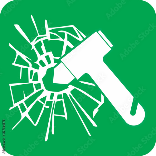 green square sign, hammer breaking glass, emergency tool used to shatter glass in case of evacuation or rescue situations	