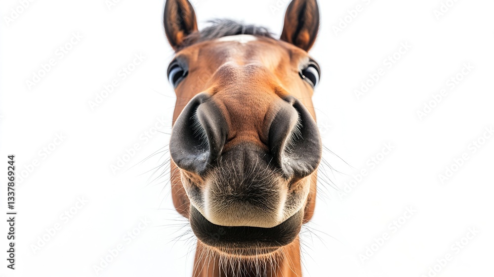 Fototapeta premium A playful horse with a large nose sniffing curiously at the camera, its muzzle exaggerated in size, set against a clean white background, extreme close-up shot.