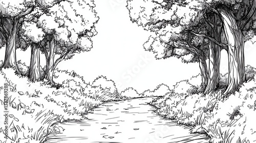 Serene Creekside Path A Black and White Ink Drawing of a Tranquil Nature Scene
