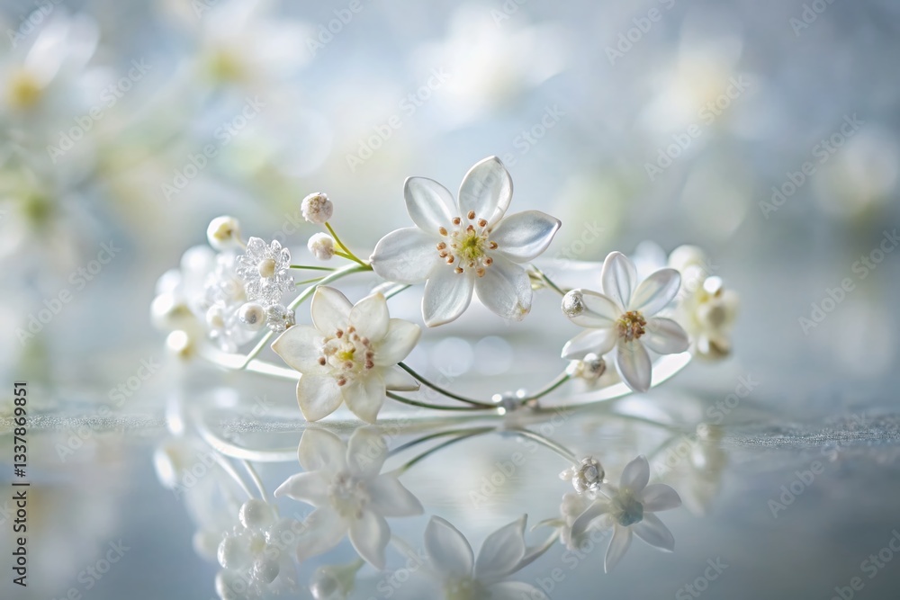 Surreal Silver Bracelet with White Flower Design on White Table - Elegant Jewelry Photography Surreal Silver Bracelet with White Flower Design on White Table - Elegant Jewelry Photography