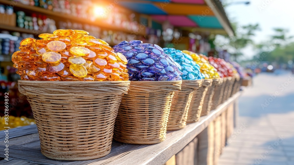 Fototapeta premium Colorful Candies in Woven Baskets at Sunny Outdoor Market