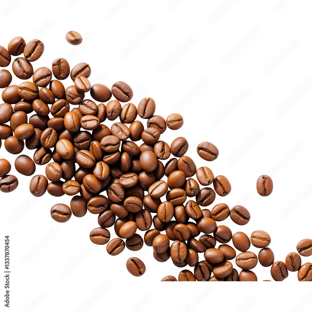 Naklejka premium A collection of various coffee beans scattered on a clean white background, showcasing their rich tones and textures, perfect for coffee