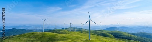 Scenic Landscape of Wind Turbines on Green Rolling Hills under Sky