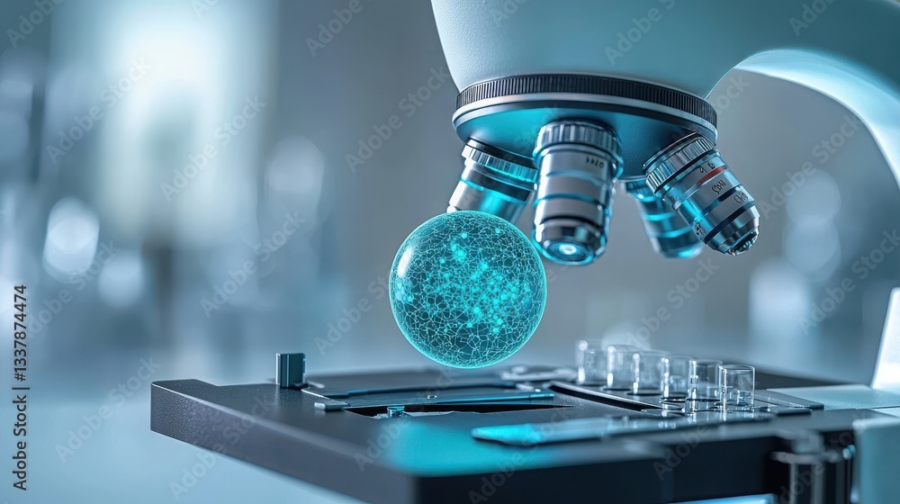 Obraz premium Microscope examining a glowing specimen on a slide.