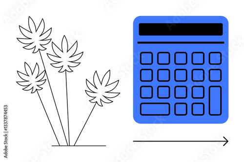 Cannabis plants paired with a calculator and an arrow indicating growth or movement. Ideal for investment, legal industry, business growth, farming, budgeting, taxes, opportunity. Flat simple