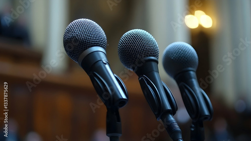 Three microphones at press conference, blurred hall background