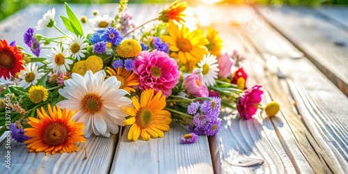 Wallpaper Mural Summer Field Flowers Bouquet, White Wooden Background, Architectural Photography Still Life Torontodigital.ca
