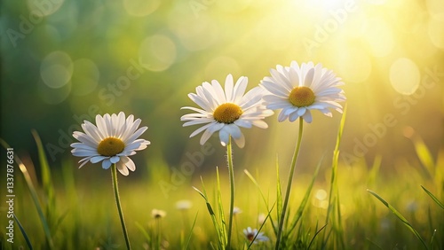 Three White Daisies Soft Sunlight Shadow Copy Space Mockup - Spring Floral Background