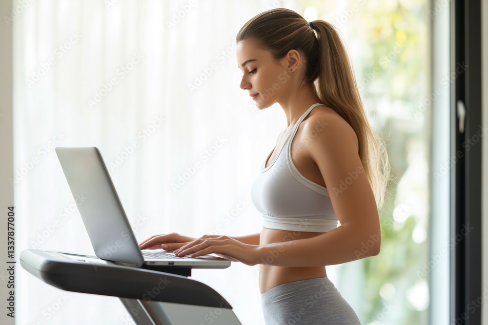 A woman is engaged in physical activity on a treadmill while working on her laptop in a well-lit indoor environment, demonstrating a blend of fitness and productivity A woman is engaged in physical activity on a treadmill while working on her laptop in a well-lit indoor environment, demonstrating a blend of fitness and productivity