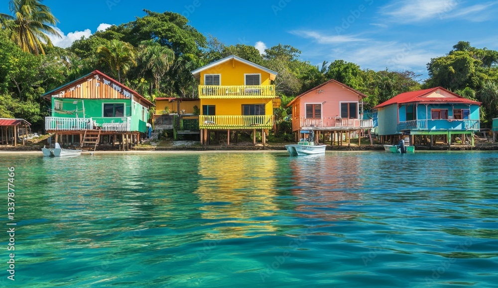 Vibrant colorful houses along a tropical beach Vibrant colorful houses along a tropical beach