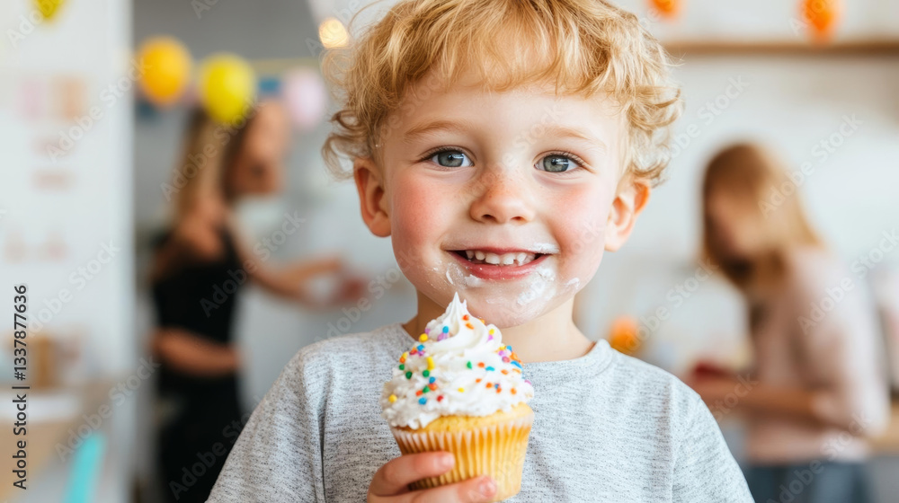 Happy child with cupcake, smiling joyfully at birthday party Happy child with cupcake, smiling joyfully at birthday party