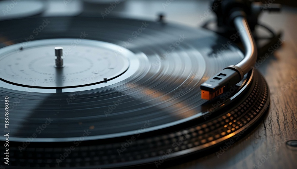 vinyl record on a turntable. turntable head close-up on black background with copy space vinyl record on a turntable. turntable head close-up on black background with copy space