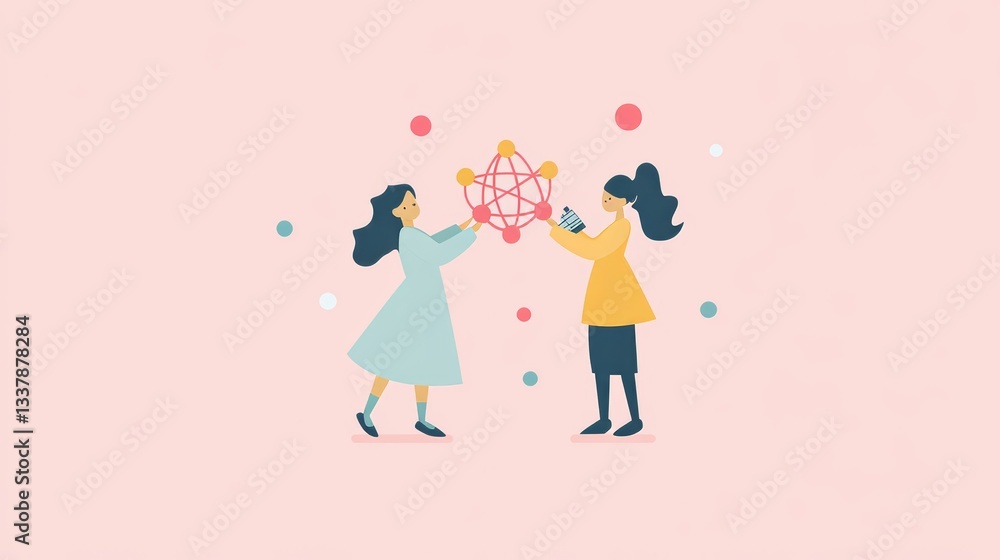 A flat illustration of women in science holding up scientific equipment against a pink background A flat illustration of women in science holding up scientific equipment against a pink background
