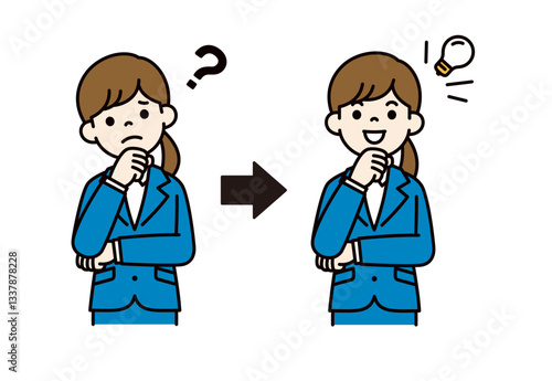 困った表情とひらめいた表情の、若い女性会社員のベクターイラスト素材＿線幅の編集可能＿カラー