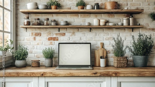 Rustic Kitchen Workspace: Laptop, Herbs, and Wooden Shelves