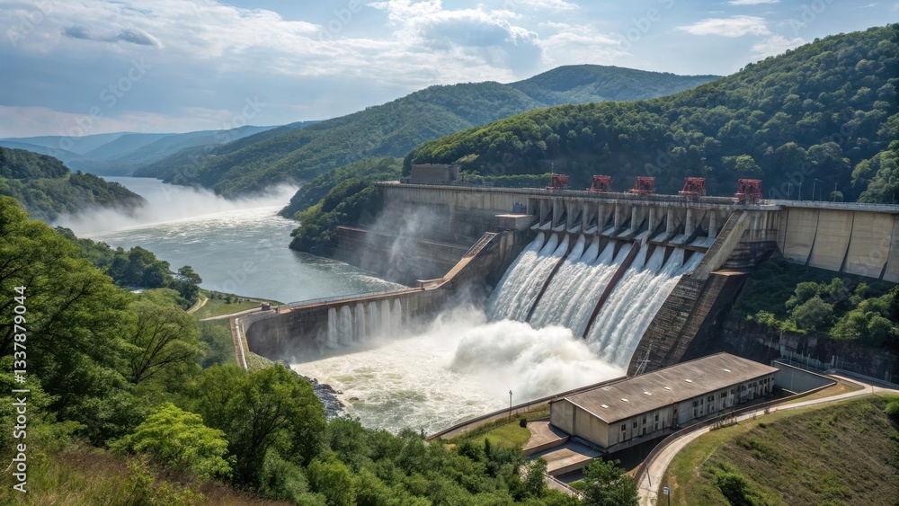 A stunning dam surrounded by lush hills and flowing water under a bright sky. A stunning dam surrounded by lush hills and flowing water under a bright sky.