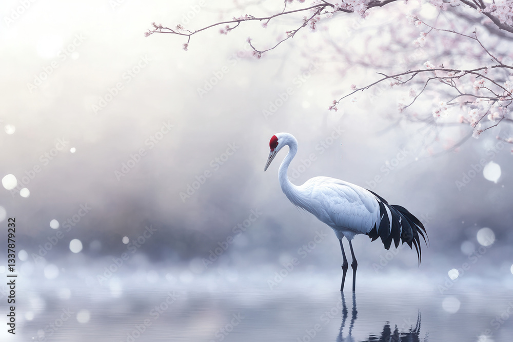 Fototapeta premium Elegant crane standing in serene wetland springtime blossom wildlife photography tranquil environment close-up view