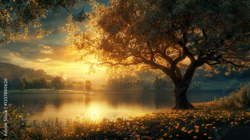 Naklejka premium Golden sunlight illuminates a tree over a tranquil lake at dusk