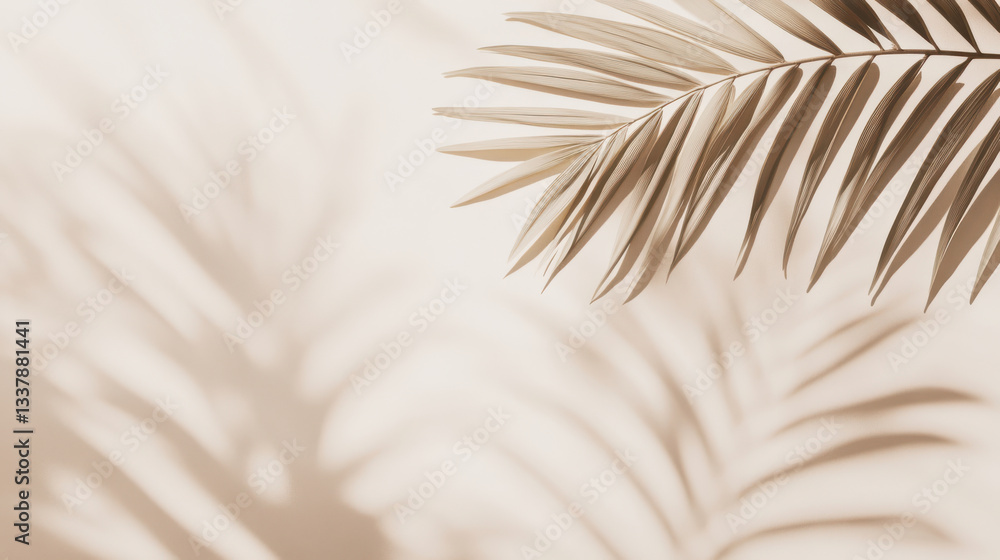Obraz premium Beige background with palm leaf and shadow.