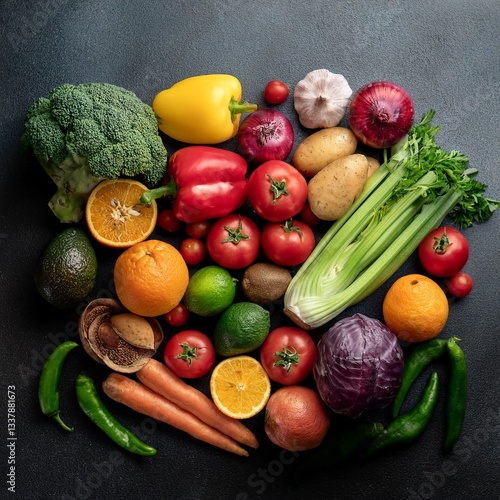 Wallpaper Mural A vibrant assortment of fresh fruits and vegetables is beautifully arranged, showcasing a variety of colors, textures, and shapes. Torontodigital.ca