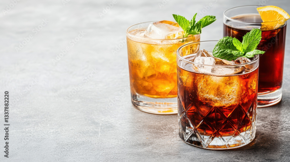 Three refreshing cocktails with ice and mint on gray background Three refreshing cocktails with ice and mint on gray background