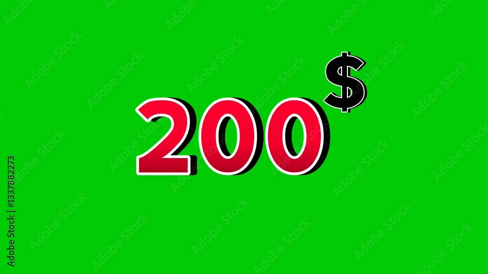 Bold black dollar 200$ sign symbol animation motion graphics in a 3D style, featuring white and black outlines, creating a shadow effect on green screen background.dollars reveal from smoke Bold black dollar 200$ sign symbol animation motion graphics in a 3D style, featuring white and black outlines, creating a shadow effect on green screen background.dollars reveal from smoke