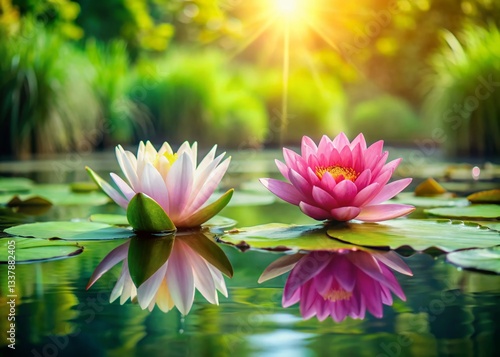 Two Pink Water Lilies Blooming on Calm Pond - Serenity Nature Stock Photo