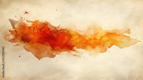 Abstract watercolor paint splash in orange and brown hues on textured background.