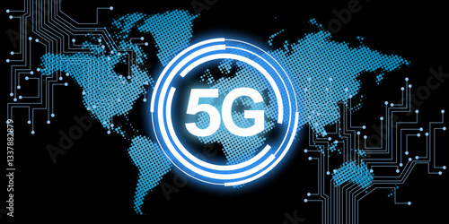 5G global network concept with a digital world map and circuit connections. High-speed communication and technology theme. Ideal for business, internet, and connectivity visuals.