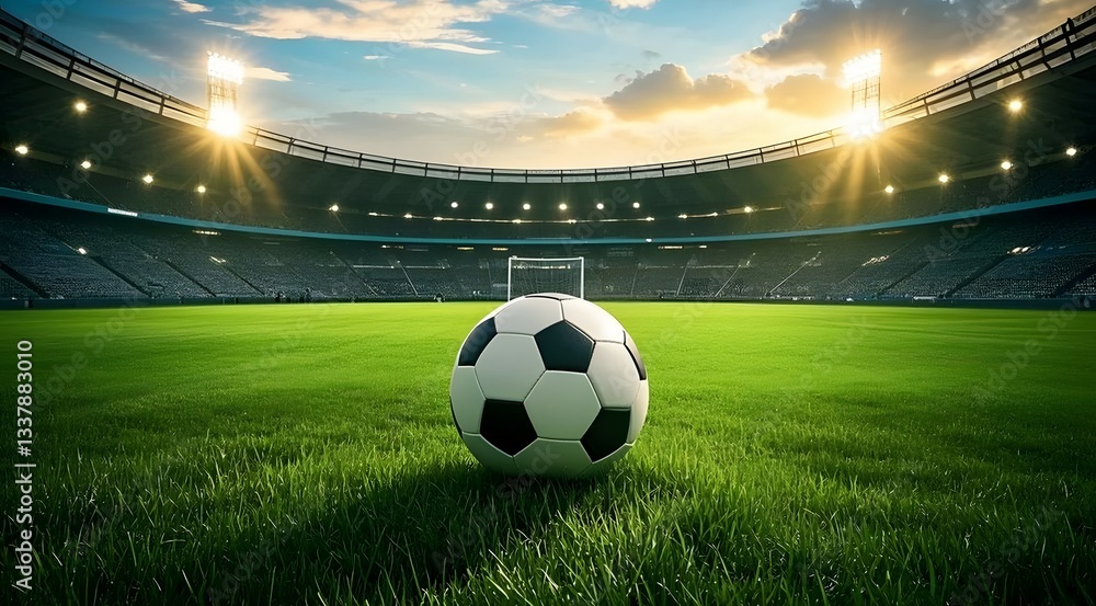 Naklejka premium Soccer ball on a green field under stadium lights