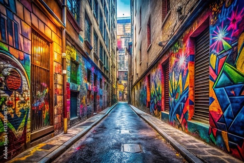 Urban Graffiti Alleyway: Vibrant Street Art and Cityscape Background