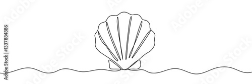 Continuous line drawing of scallop shellfish. Hand drawn One line of shell. Marine animal concept continuous line art. Editable outline.