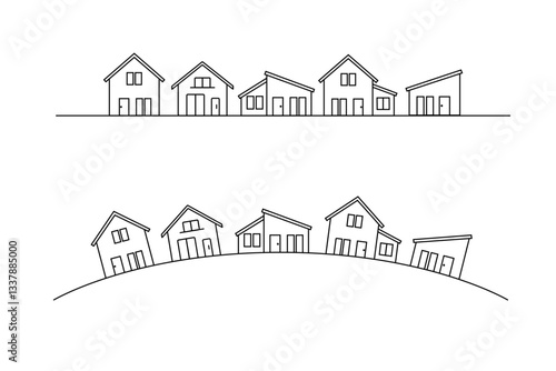 マイホームで構成された街並みの線画イラスト