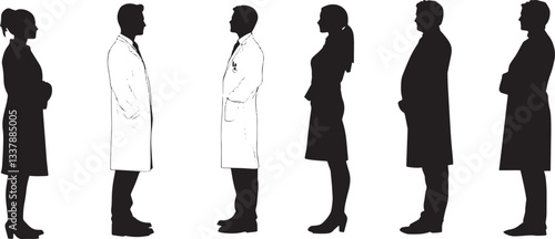 A collection of high-quality doctor silhouettes, dressed formally with distinct styles. Suitable for medical banners, pharmaceutical advertising, and healthcare visual content.