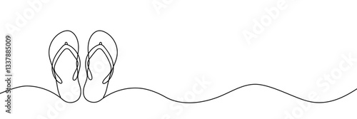 Flip flops continuous one line drawing, single line art element, minimalist sketch line vector illustration, summer travel holiday concept. Hand drawn Editable stroke.