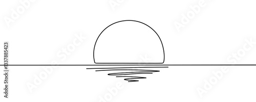 Single continuous one line art sunny ocean view. Sea voyage sunrise holiday tropical luxury journey sunset concept design sketch outline drawing vector illustration