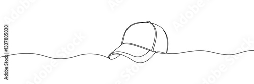 Single continuous line drawing hiking adventure cap hat, trip, travel, camping. Travel accessory, hiking clothes. Editable stroke