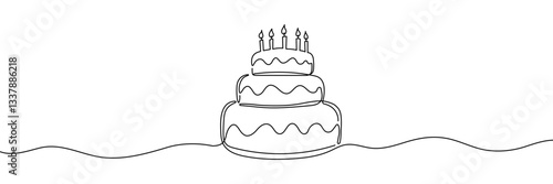 Continuous one line drawing of birthday cake. Birthday cake with candles outline vector illustration. Celebration, party, happy, celebrate, anniversary concept. Hand drawn Editable stroke