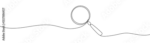One continuous line illustration of magnifying glass. Continuous line drawing of magnifying glass lens. Vector illustration. Editable stroke