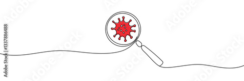 Continuous one line drawing virus sign under a magnifying glass. Hand drawn Editable stroke vector