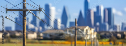 City skyline with power lines in foreground, showcasing urban life and infrastructure. blurred background emphasizes cityscape