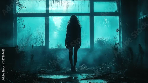 Young girl confronts ancient spirit in a hauntingly dark stairwell enveloped in mist during twilight