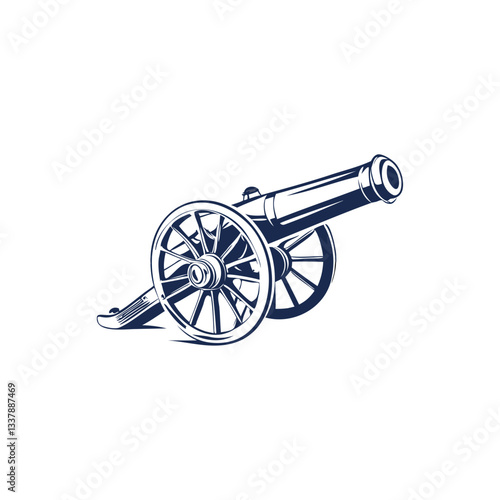 Isolated vintage metal cannon with wooden wheels, a historical military weapon