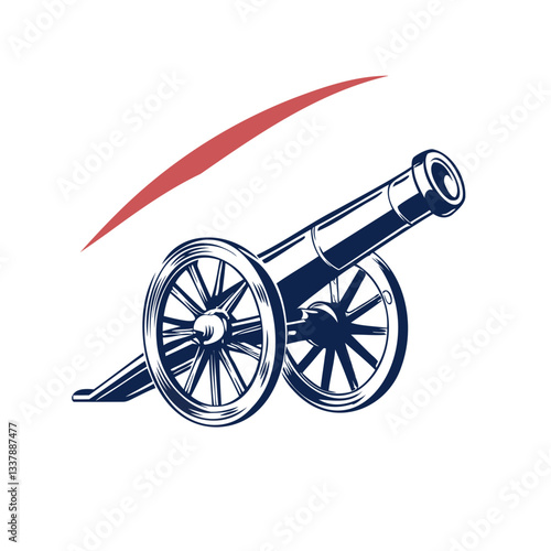 Isolated vintage metal cannon with wooden wheels, a historical military weapon