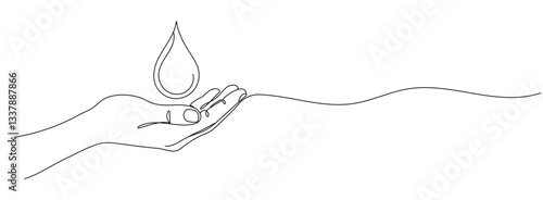 Single continuous line drawing palms catch the water droplets. Water drops mark the end of the dry season. Abundant water. Increase gratitude. World Water Day. Editable stroke.