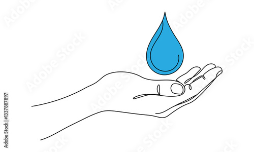 Single continuous line drawing palms catch the water droplets. Water drops mark the end of the dry season. Abundant water. Increase gratitude. World Water Day. Editable stroke.