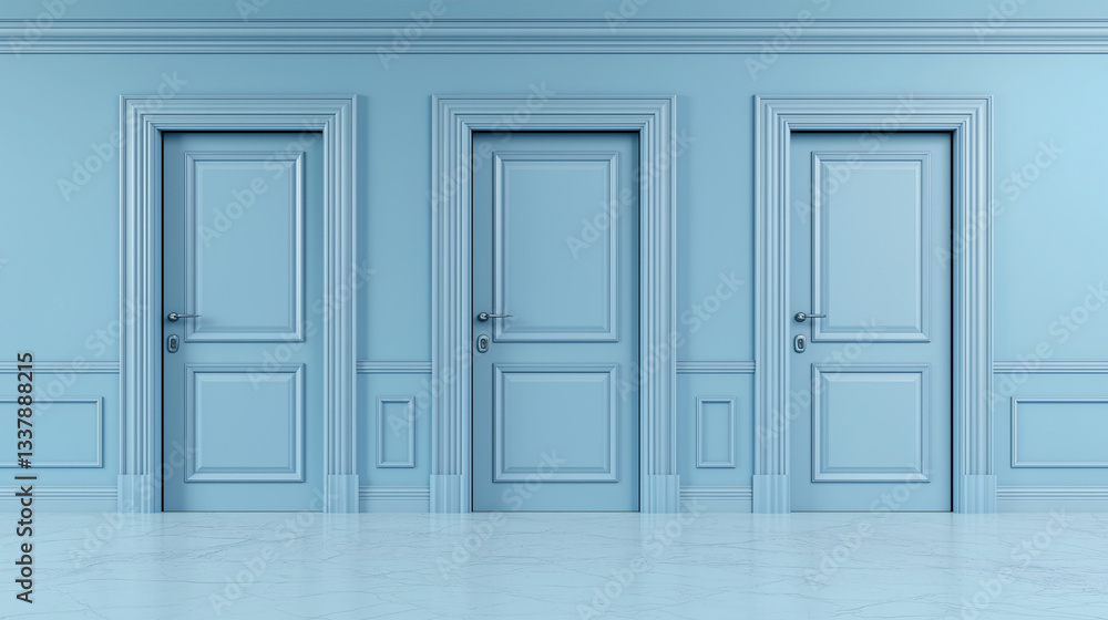 Three light blue doors side by side on the wall, with a minimalistic light blue background, in the front view. Three light blue doors side by side on the wall, with a minimalistic light blue background, in the front view.
