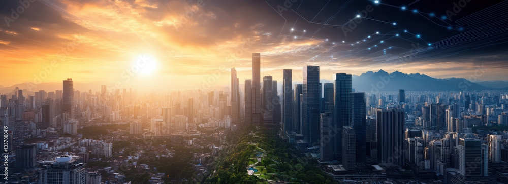 Fototapeta premium Futuristic cityscape at sunset with skyscrapers and digital connections