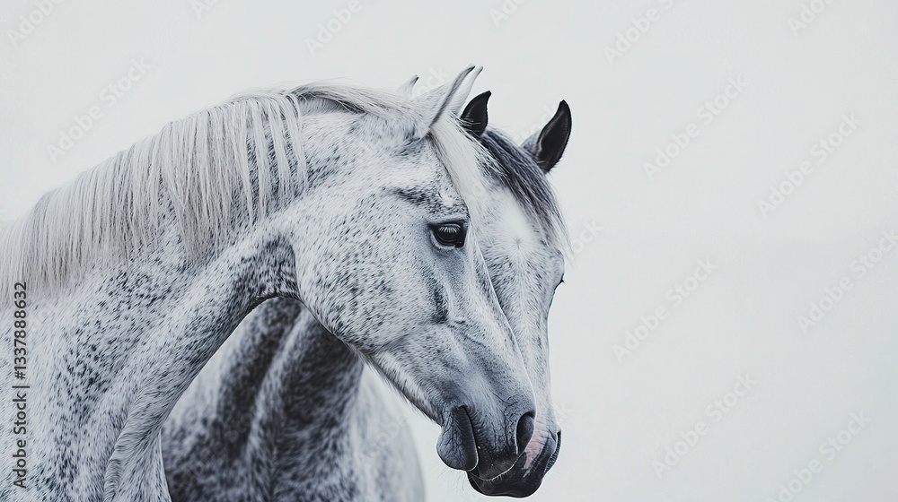 Fototapeta premium A stunning close-up of two horses embracing, their foreheads touching as their ears relax, capturing pure companionship against a seamless white background 